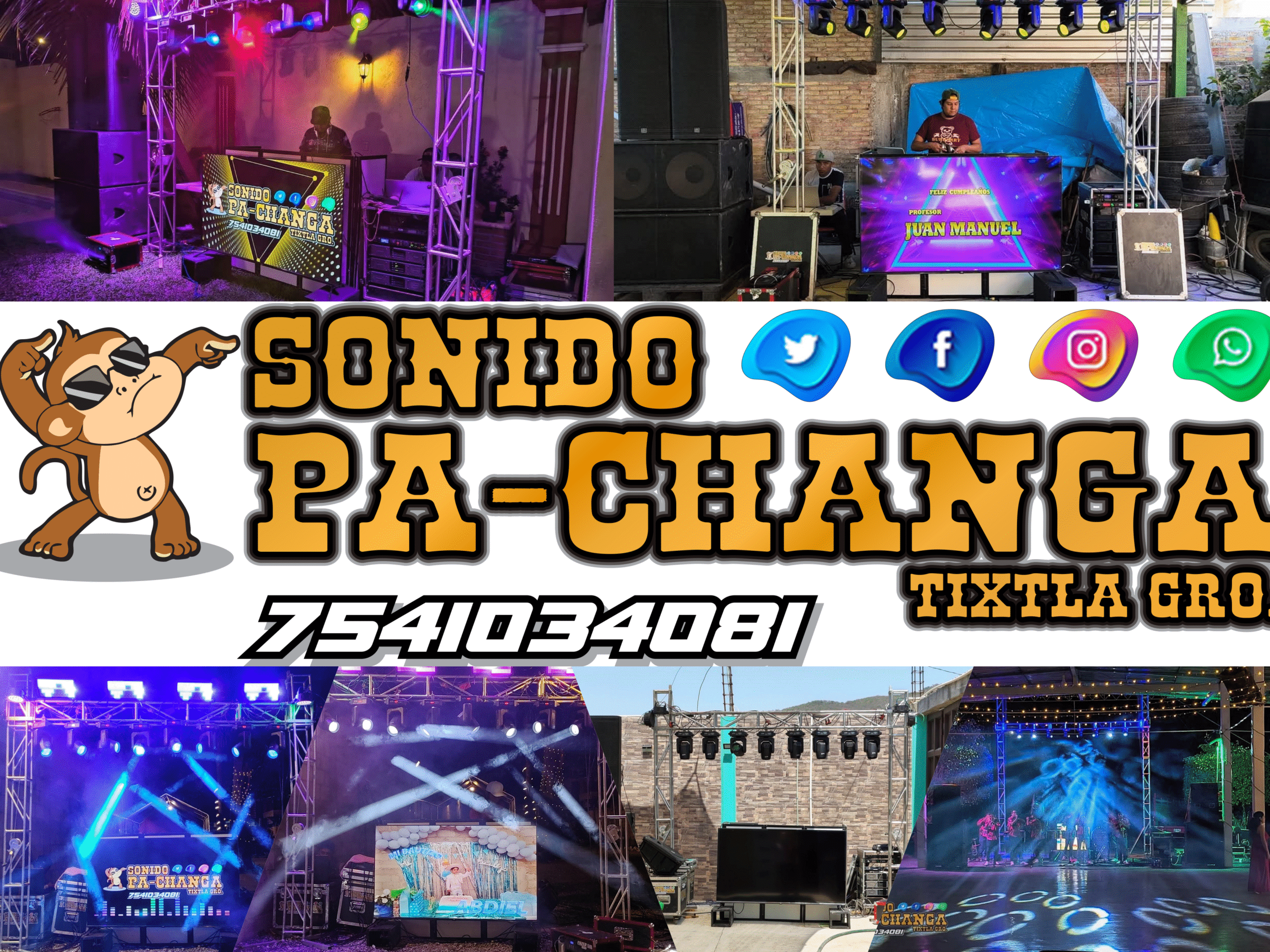 SONIDO PA-CHANGA

-AMBIENTE 100% FAMILIA
-DJ
-MAQUINA DE HUMO
-LUCES ROBÓTICAS
-GLOBOS
